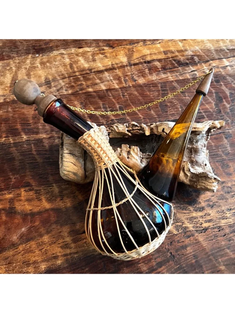 Vintage Spanish Amber Glass Wine Decanter With Rattan Wrap Cork And Cap